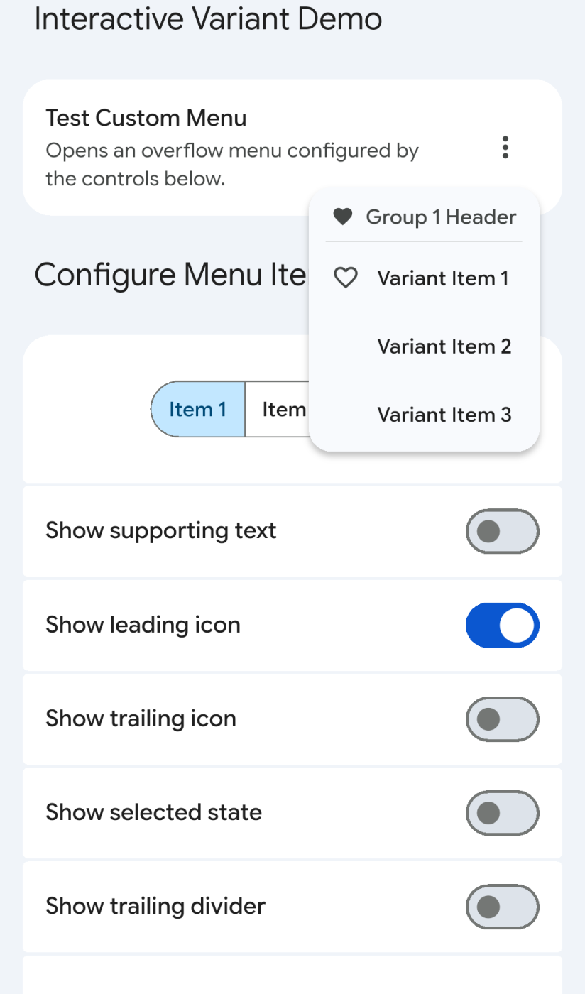 The menu's demo page in the app, with a grouped menu open